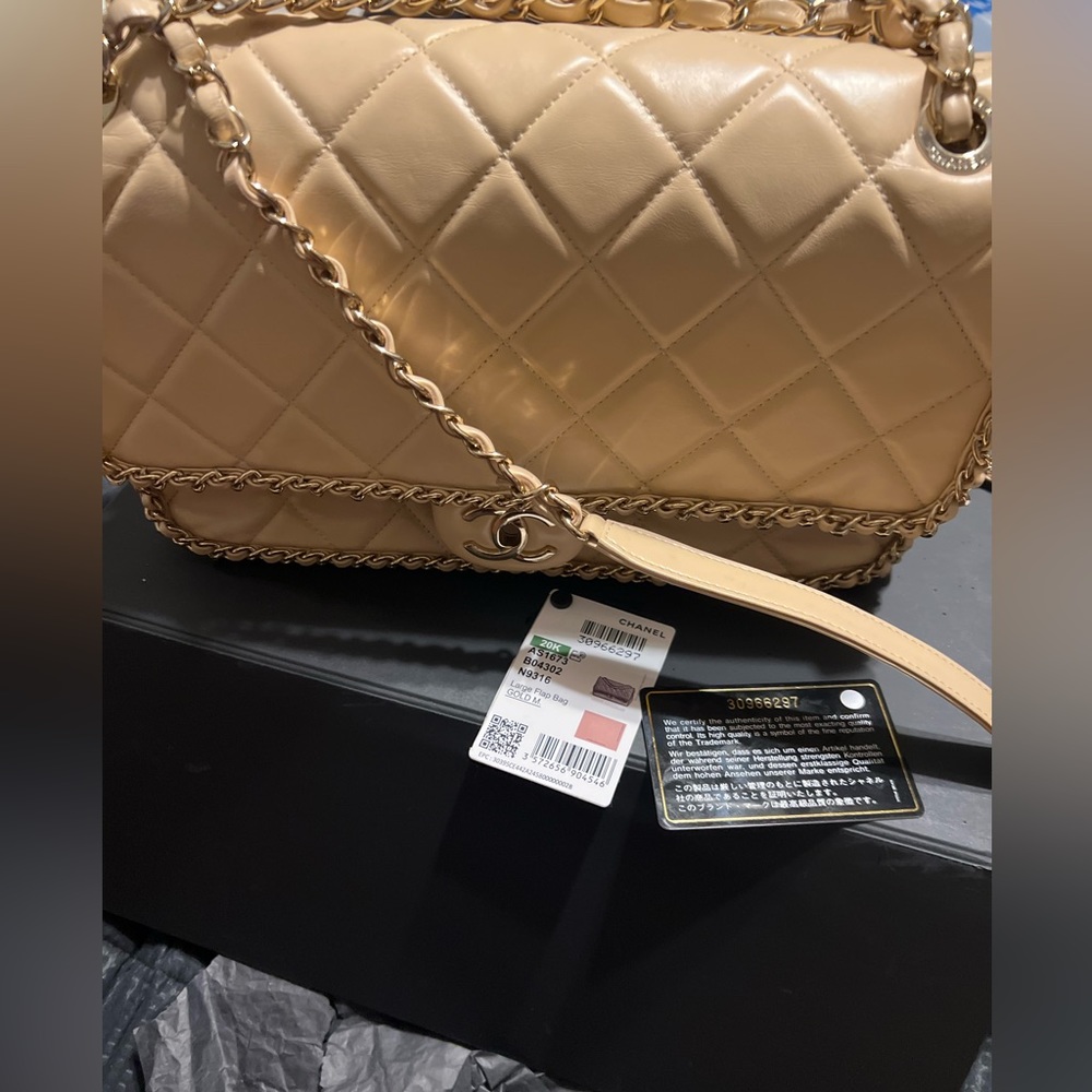 CHANEL lrg running chain flap bag BEIGE